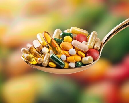 Various colorful pills and capsules on a spoon, representing health supplements and pharmaceutical care, shot with a blurred background.