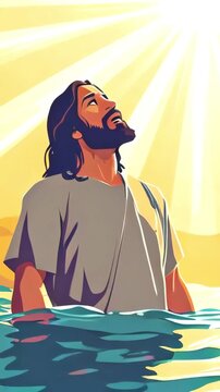 Baptism of Jesus Christ with a halo and sunlight in the Jordan River, flat animation cartoon style 4k 9x16 vertical new stock video footage AI