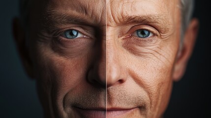A man's face is shown in a split view, illustrating the contrast between youthful features and aged characteristics, emphasizing the passage of time