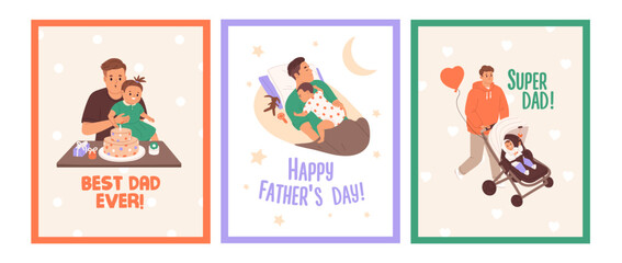 Fototapeta premium Father's Day cards set. Dad loves, cares his baby. Happy daddy and kid spends time together. Parent and son, daughter walk with child carriage. Family celebrates holiday. Flat vector illustrations