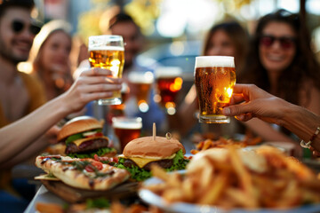 Happy friends toasting with beer and enjoying fast food 