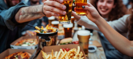 Happy friends toasting with beer and enjoying fast food 