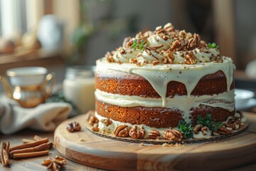 Naklejka premium A deliciously decorated cake topped with cream and nuts, perfect for celebrations.
