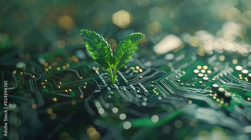 Poster A unique image of a computer circuit board with a small plant sprouting out from the components, highlighting the intersection of technology and nature