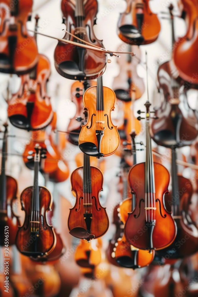 Poster a bunch of violin strings hanging from a ceiling, great for music or art related projects