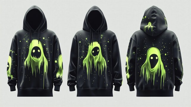 Black sweatshirt with neon green Halloween ghost themed prints. Black sweater with neon green Halloween ghost themed prints  