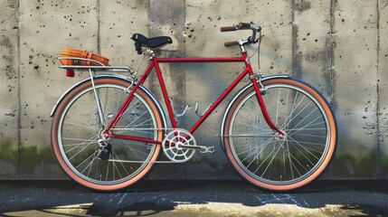 A bright red bicycle leaning against a gray concrete wall, perfect for urban or city-themed designs