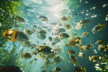 Fototapeta premium A group of colorful fish swim together in a large aquarium