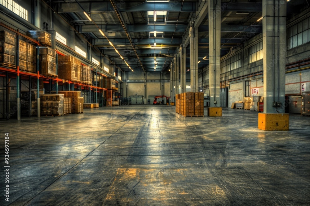 Poster a large warehouse filled with many storage boxes