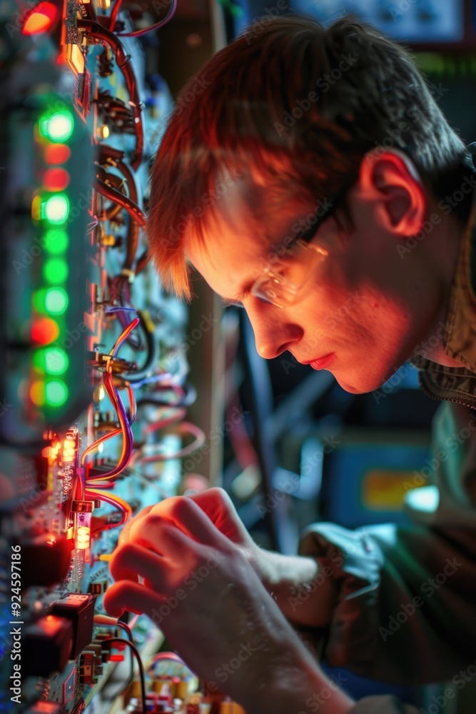 Poster a person works on a electronic circuit board in a professional setting