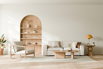 Modern minimalist living room with a beige sofa, wooden coffee table, and armchair, featuring a built-in arched bookshelf and neutral decor, 3d render. © Washdog