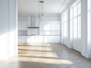 Fototapeta premium A large, empty kitchen with white cabinets and a wood floor