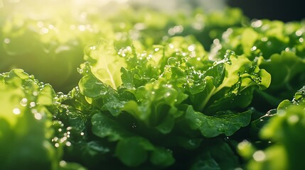 fresh Frillice Iceberg salad leaves growing in a hydroponic system inside a greenhouse. The vibrant green leaves are flourishing in water without soil, showcasing the organic age