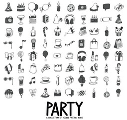 Party Related Doodle vector icon set. Drawing sketch illustration hand drawn line eps10
