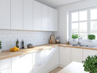 Fototapeta premium A kitchen with white cabinets and a wooden countertop