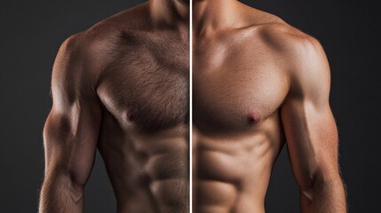 Fototapeta premium A man's upper arms exhibit distinct muscular definition with contrasting tones against a dark background, highlighting strength and fitness, depilation