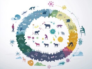 A colorful, circular diagram with many different animals and plants