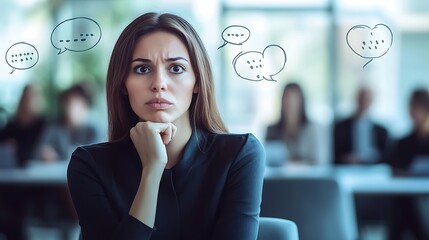 A close-up of a businesswoman at a conference, her expression showing confusion and frustration while speech bubbles with intricate, confusing jargon appear around here