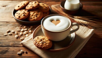 a creamy oat milk with love shape on the cup , and a plate of oat cookies