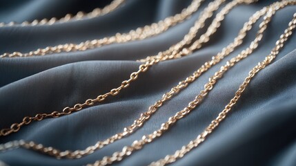 A collection of delicate gold chains displayed elegantly on a soft fabric.