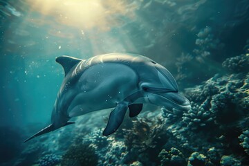 Fototapeta premium A dolphin swimming in the water near a coral reef, great for ocean or underwater scenes
