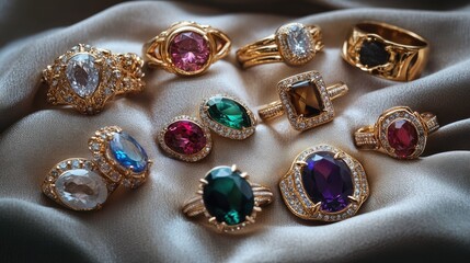 Naklejka premium A collection of luxury rings with various gemstones, arranged in a circular pattern on a soft fabric.