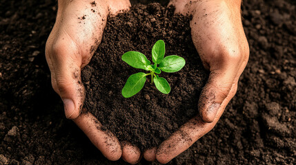 Close-up of hands gently holding rich, healthy soil with a small plant sprouting, highlighting the significance of nurturing the environment and promoting sustainable practices for a greener future.