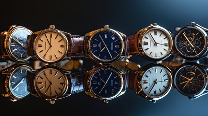 A collection of luxury watches with various designs, placed side by side on a reflective surface.