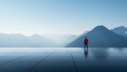 A lone figure stands on a platform, looking out over a vast mountain range. The sky is a soft blue, and the mountains are shrouded in mist.