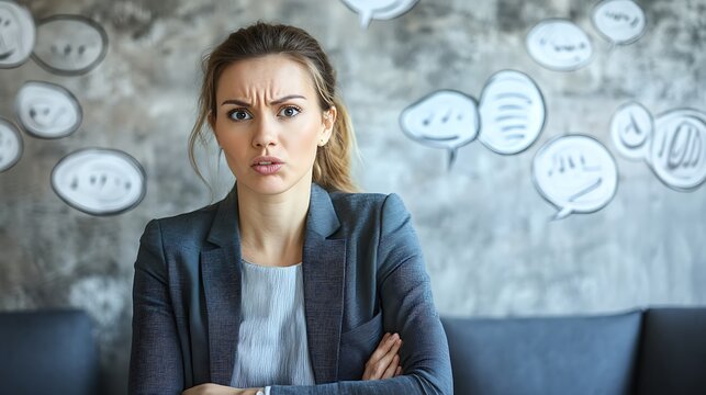 A close-up of a businesswoman at a conference, her expression showing confusion and frustration while speech bubbles with intricate, confusing jargon appear around here