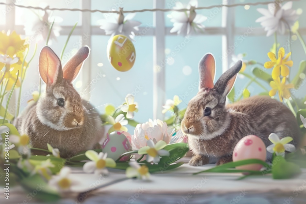 Poster two rabbits sitting side by side, looking relaxed and friendly