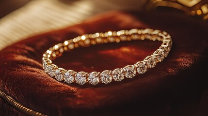 Fototapeta premium A delicate diamond tennis bracelet arranged elegantly on a velvet cushion.