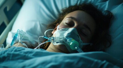 A patient lies in a hospital bed, connected to medical equipment, breathing through an oxygen mask while battling pneumonia