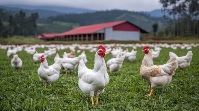 A flock of white chickens graze in a green field, a farm building in the background.