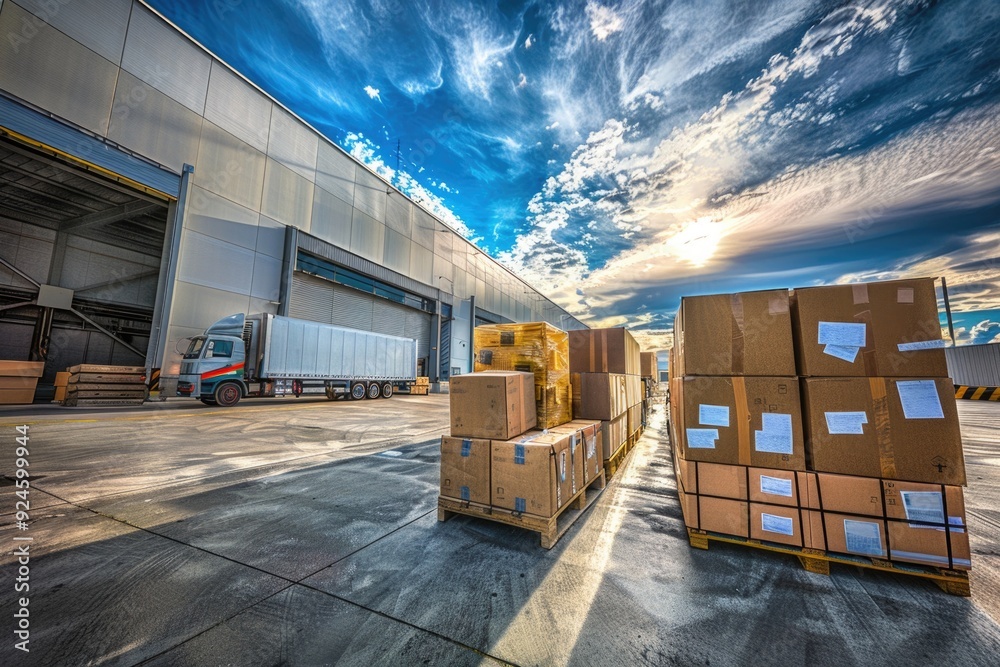 Poster boxes stacked on pallets awaiting storage or shipping