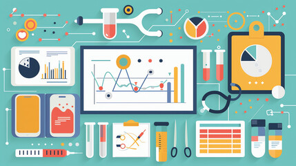 Medical research data analysis, charts and graphs, flat design illustration