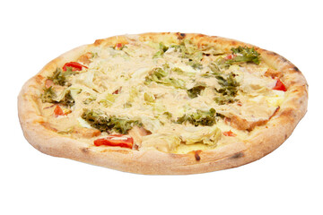 Tasty pizza with salad leaves, cheese, tomatoes. Healthy vegetables pizza. Italian pizza, isolated on white background