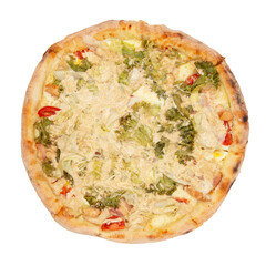 Tasty pizza with salad leaves, cheese, tomatoes. Healthy vegetables pizza. Italian pizza, isolated on white background