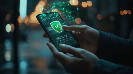 person's hands holding a smartphone with a holographic projection of a payment confirmation interface floating above it. The interface includes a green shield icon with a check mark