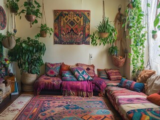 A colorful living room with a rug, pillows, and plants