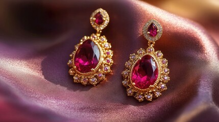 A pair of ruby earrings with intricate gold settings, displayed against a soft fabric.