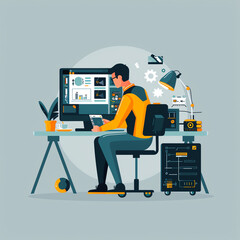 Remote tech support, screen sharing session, flat design illustration