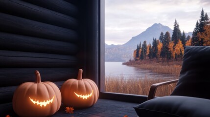 Pumpkins, holographic fireplace, cozy autumn scene, futuristic cabin, warm tones