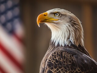 Obraz premium Majestic bald eagle against blurred american flag ideal for patriotic and wildlife themes