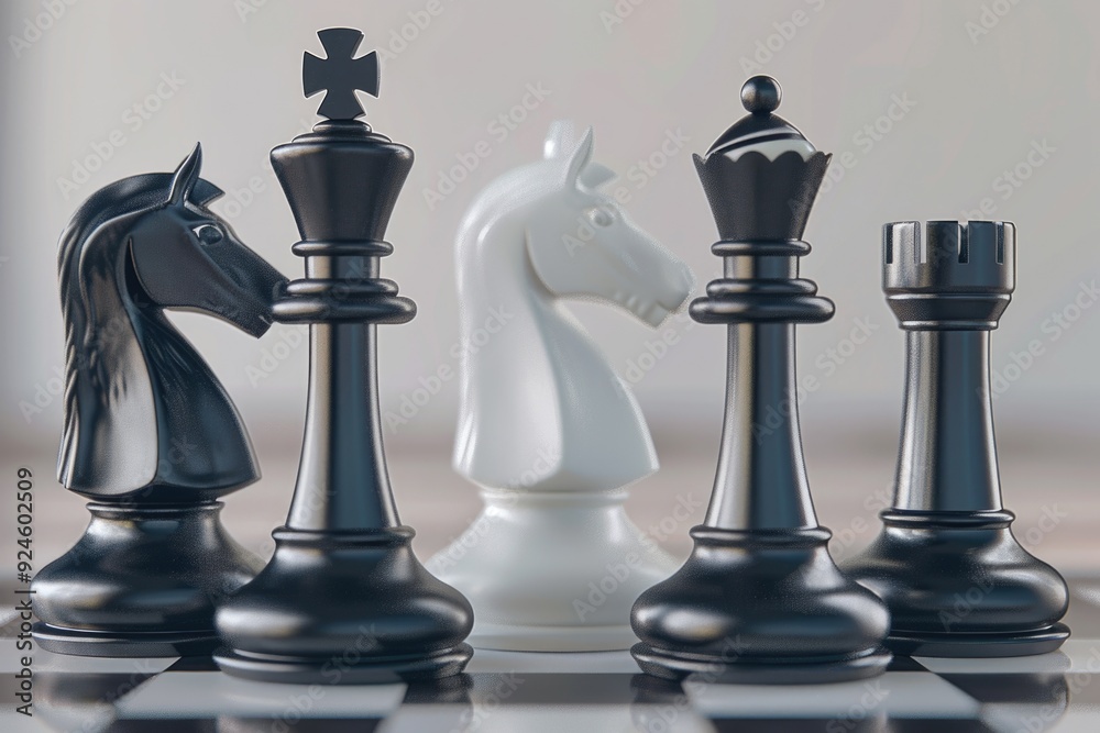 Poster group of chess pieces sitting on top of a chess board, great for depicting strategy and intellect