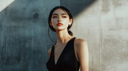 Fototapeta premium Woman in an elegant cocktail dress, minimalist background, timeless fashion beauty