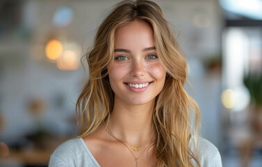Obraz premium Portrait of a cheerful turquoise eye of woman with blonde hair smiling in a white top, highlighting her long hair and natural smile in interior room.