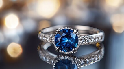 A sapphire ring with an intricate band, placed on a reflective surface to capture its brilliance.
