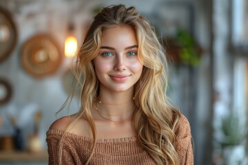Obraz premium Portrait of a cheerful turquoise eye of woman with blonde hair smiling in a white top, highlighting her long hair and natural smile in interior room.