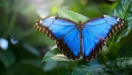 High-resolution image of rare blue morpho butterfly, detailed wing textures on green leaf